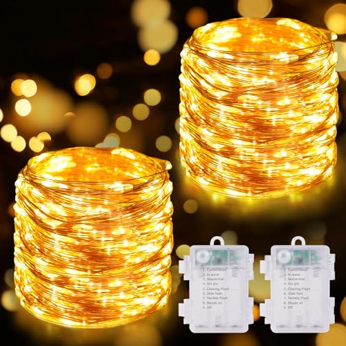 HOTUT Lichterkette Batterie, 2x10m100 LED Warmweiß Innen Lichterketten, 8 Modi Lichterkette Draht für Innen Außen Weihnachten, Schlafzimmer, Party, Hochzeit, Garten
