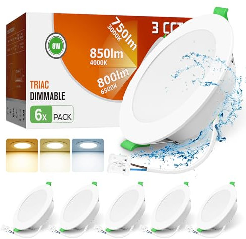ALUSSO LED Downlights Ceiling Dimmable 8W 850LM IP44 Recessed Ceiling Lights, 3CCT 3000K Warm 4000K Neutral 6500K Cool Adjustable Bathroom Spotlights, White, 6 Pack
