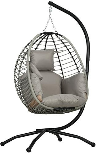 Outsunny Outdoor Swing Chair Egg Chair Metal Stand Grey | Patio Hanging, Foldable Basket, Cup Holder, Rope Structure, Thick Padded Cushion, for Indoor & Outdoor