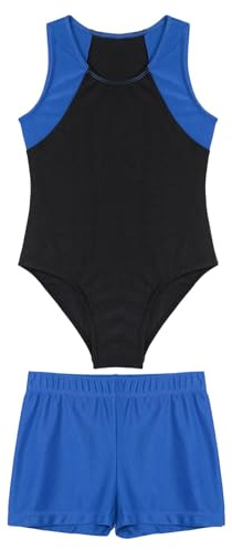 Yruioon Kinder Jungen Turnanzug Gymnastikanzug Ärmellos Ballettanzug Ballett Trikot Leotard Sport Body mit Shorts Gym Turnen Sportwear Blau 110-116