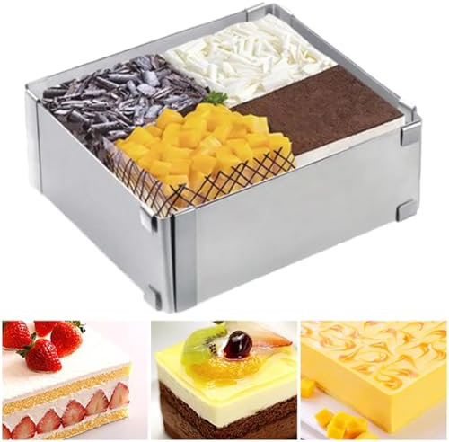 Marco para hornear rectangular, ajustable, anillo para tartas, rectangular, ajustable, marco para tartas, alto 8 cm, 15-28 cm, anillo rectangular para tartas, para hornear, decorar, borde