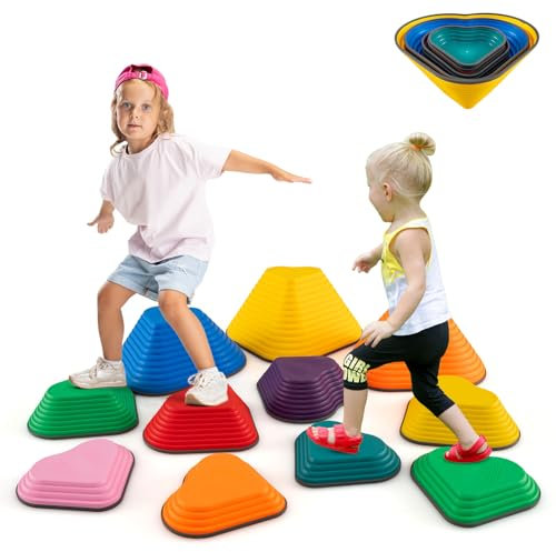 GYMAX Stepping Stones for Kids, Toddler Balance Stone with Non-Slip Edge, Indoor Outdoor Stackable River Stones for 3+ Years Old Boys Girls (Colorful, 11 Pcs: 42 x 40 x 20cm)