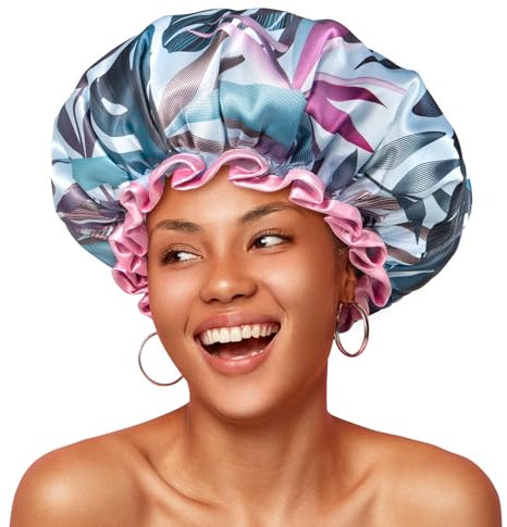 mikimini Waterproof Shower Cap for Women, Reusable Shower Hat with Tropic Style Design, Extra Large Shower Caps for Ladies with Elastic Bands for Long Thick Hair