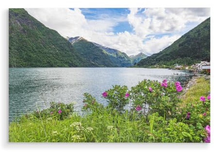 artboxONE Holzbild 45x30 cm Natur Fjærlandsfjord mit Blumen von Künstler Rico Ködder