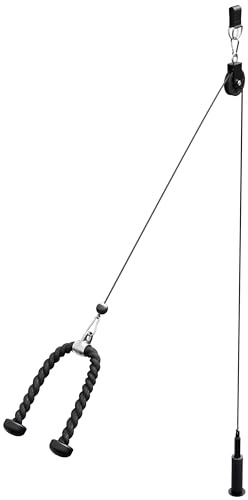 GORILLA SPORTS® Kabelzug-System mit 2-m-Stahlseil bis 150 kg | Mit Umlenkrolle, Trizepsseil, Olympia-Ladestift, Hantelscheibenhalter und Karabinerhaken für platzsparendes Home-Gym-Training