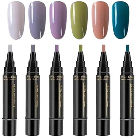 Nail Polish Pens UK, 6 Colors Nail Varnish Pens Set, Gel N-ail Polish p-en, Quick Dry One-Step GelNailPolish, N-ail Polish Gel Pen 5ml, Soak Off DIYs Nails Art Sets Tools For Women Girls