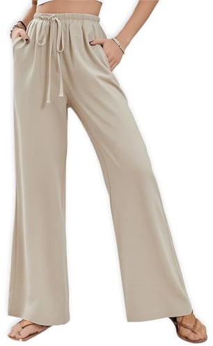 newhsy Damen Sommer Plissee Hose - Damen Sommerhose, Beige, L, Leinen, Palazzo, Klassisch, Luftig, Elastischer Gürtel und Kordelzug, Seitentaschen, Mittlere Taille, Weit, Einfarbig, Korb-Weave