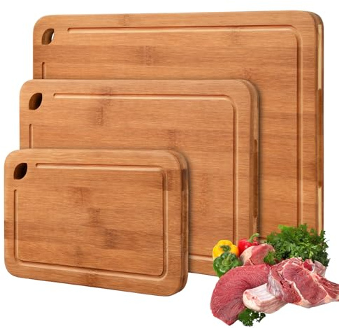 Lot de 3 Planche a Decouper Bois Planche à Découper en Bambou Naturel Planches à Découper d’Épaisseur Cutting Board Renforcé Professionnelle pour Cuisine,Pain,Viande,Fruits Grand/Moyen/Petit (Marron)