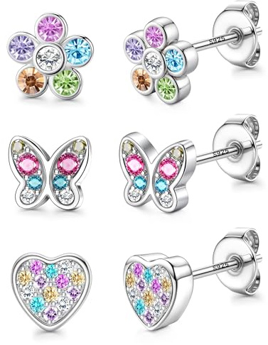 JeweBella 3 Paar Ohrringe Mädchen Kinder Silber 925 Ohrstecker Set | Hypoallergene,Niedlich Kleine Blumen Herz Schmetterling Ohrringe Set,Schmuck Geschenke mit Box,für Mädchen Kinder Damen,20G