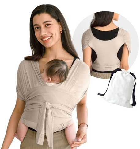 SmartPlayground-BabyCarrier Baby Tragetuch mit Rückenstütze – Atmungsaktive & Verstellbare Babytrage für Neugeborene – Bequemes Tragetuch wie T-Shirt, Einfach Anzulegen (Khaki)