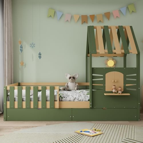 RIAZOS Wooden Children's Cabin Bed, 3ft Single Bed with Two Storage Drawers, MDF + Pinewood + Plywood, Imitation Roof Shape with a Window, 90×190cm, Green + Natural