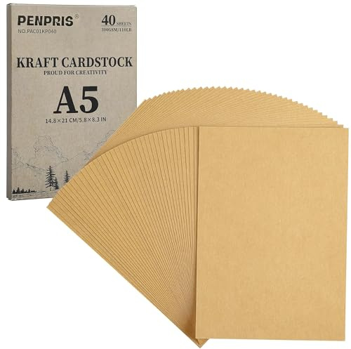 300gsm Kraft Braun Karton A5 40 Blätter 110lb Baupapier | PENPRIS Doppelseitiges Schweres Kartonpapier Für Weihnachtskarten, Kartenbasteln, Postkarten, Einladungen PAC01KP040