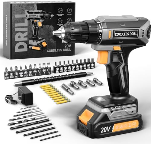 VIWKO Perceuse Visseuse Sans Fil, 20V Visseuse Devisseuse Sans Fil, 25+1 Réglages de Couple, Perceuse-visseuse Max 42Nm Visseuse, LED, jeu de 56 Accessoires pour l'Entretien et le Bricolage, Gris