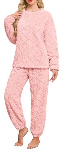 UMIPUBO Pigiama Donna Invernale Set Caldo Pile Pigiami Due Pezzi Morbido Manica Lunga Pantalone Lungo Abbigliamento da Casa Indumenti da Notte Lounge Sleepwear con Due Tasche (Rosa, XL)