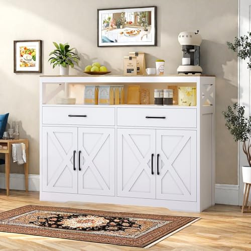 UTTQEW Buffet Cuisine Meuble de Cuisine angement Buffet avec 4 Portes 2 Tiroirs Étagères Réglables Meuble de Rangement, pour Salle à Manger Salon Entrée 140x40x105 cm, Blanc