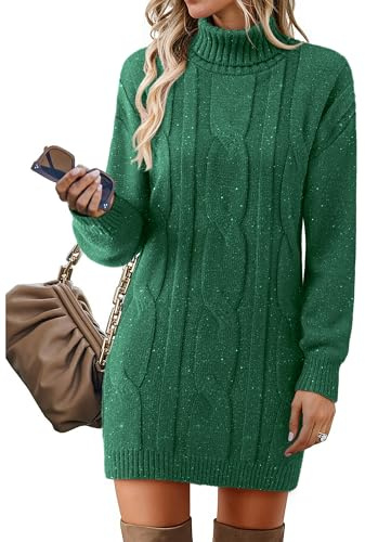 VAFOLY Christmas Dresses for Women：Women Chunky Cable Knit Sweaters Chunky Ribbed Knit Turtleneck Sweater Dress Casual Wedding Guest Outfit Classy Funeral Formal Midi Dress with Boots Green XL