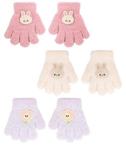 GYIOFAI 3 pares de guantes para niños, guantes cálidos de invierno para niños y niñas, bonitos guantes mágicos para niños, guantes de punto suaves para dedos completos para 1 a 5 años, rosa, Taille