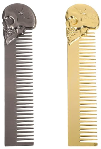 PAMINGONO 2 Stück Pack Herrenhaarkamm Totenkopf aus Zinklegierung Doppelseitiger Feinzinkiger Metallkamm Kompakt für Bart und Haarstyling Tragbares Styling Tool für Bartpflege und Reisen
