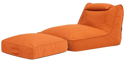 Icon Nova Sitzsack Sessel mit Hocker für Erwachsene, Orange, Olefin Stoff für Drinnen und Draußen, Riesen Sitzsack mit Füllung, Bequemer Sessel, Garten, Terrasse, Lounge, Wohnzimmer
