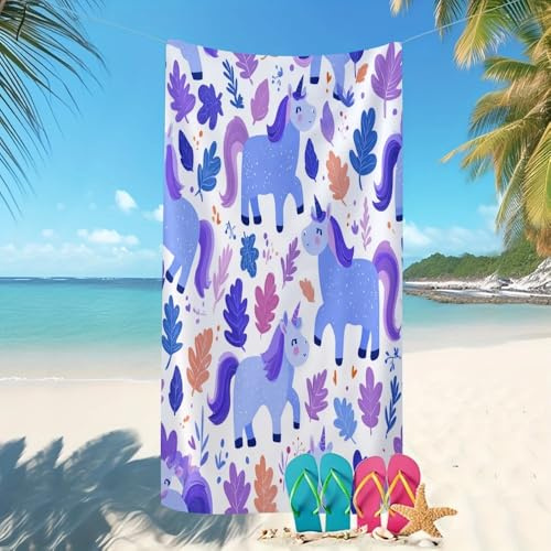 Telo Mare 80x160 cm Cartone Animato Unicorno Tema Telo da Spiaggia in Microfibra Asciugatura Rapida, Asciugamano Grande Assorbente Antisabbia Blu-Viola per Spiaggia, Fitness, viaggi, spiaggia, nuoto