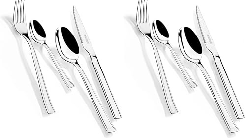 MONIX Europa | Set de cubiertos 24 piezas de acero inoxidable con cuchillo chuletero, acabado pulido con brillo (Paquete de 2)
