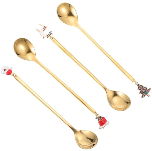 Hoement 4pezzi Cucchiai Natalizi in Acciaio Inox Oro con Lucidatura Specchio Utensili da Cucina Resistenti Ruggine e Calore per Decorazioni e Dessert di Feste Natalizie