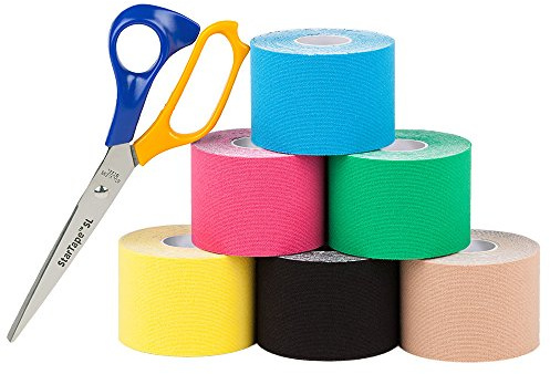 SL StarTape - Kinesiologietape, elastisches Sporttape aus Baumwolle, selbstklebendes Physiotape, wasserabweisend, hautfreundliches Taping, 5 x 550 cm, bunt, 6er Set + Schere