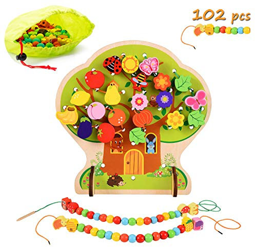 KaliningEU Fädelspiel Holz Motorikspielzeug Baum Obst Gemüse Tier Holz Perlen Spielzeug, Montessori Holzspielzeug Baby