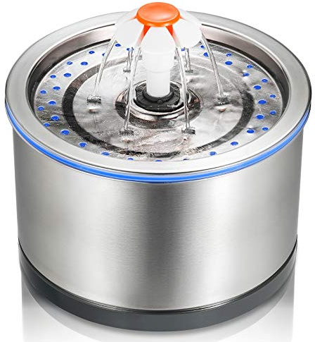 iPettie Fuente de Agua para Gatos, Acero Inoxidable, 2.5 L, filtración de 4 etapas, Fuente de Agua de Metal Ultra silenciosa con luz LED y Filtro para Mascotas, Gatitos y Perros