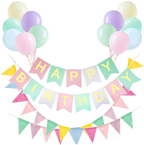 Happy Birthday Decorations Birthday Bunting,26 ft Nylon Pennant Banners with 12 Macaron Latex Balloons Perfect for Birthday Party Home Festival Decoration