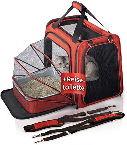 YOU DECIDE MUNICH Katzentransportbox [mit Katzenklo] Katzentransporttasche Katzentasche auch große Katzen, Tragetasche mit Katzentoilette , Box Auto Reise faltbar CAT´S Premium Suite rot