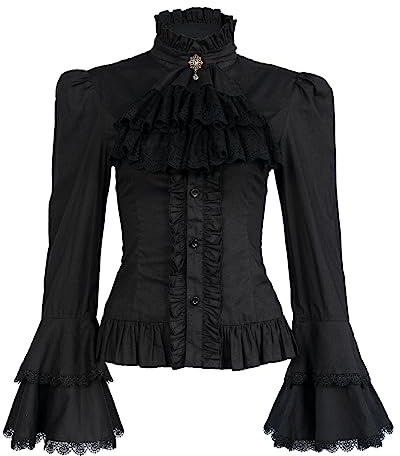 Mingyuezai dam viktoriansk blus gotiska pirater vintage långärmad lotus volanger blus, 010 svart, L