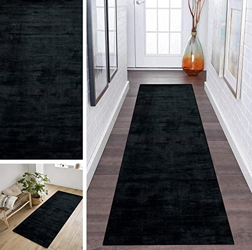 Läufer Teppich Flur Schwarz 60x180cm Korridor Modern rutschfest Designer, Küchenläufer TeppichLäufer Waschbar für Flur, Schlafzimmer, Wohnzimmer, Breite 40cm/ 50cm/ 60cm/ 70cm/ 80cm/ 90cm/ 100cm