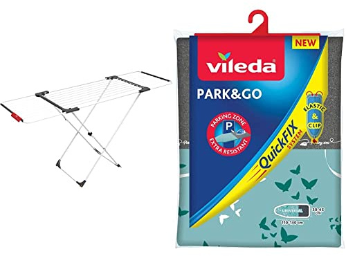 Vileda Surprise, Stendibiancheria estensibile e ripiegabile, Alluminio/Resina, Bianco, 186 x 57x 108 cm & Park&Go Copriasse da Stiro Universale, in Cotone, con Strato Interno in Spugna