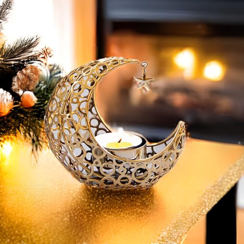 Qlisytpps Teelichthalter Moon Kerzenständer Gold Windlicht Laterne Tischdeko Wohnzimmer Deko modern Kerzen Deko Kerzenhalter Weihnachten, Grillparty, Valentinstag, Muttertag Ramadan Dekoration