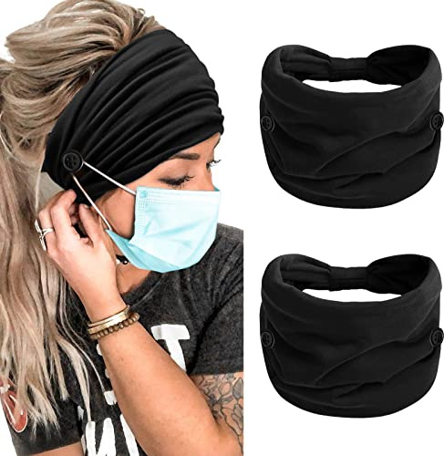 TERSE 2 Packs Headbands with Buttons for Mask Ear Savers 7’’ Extra Wide Non Slip Nurse Headband for Women Men Doctors Black Elastic Ears Protector Head Bands Sweatband Hair Accessories… | 2 Packs 7'' Extra Wide Button Headbands for Women Non Slip Doctors Nurse Hairband Elastic Ears Protector Turban Headwraps