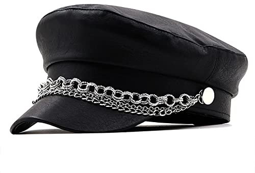 tcax Baskenmütze Damen Frauen-Damen-Herbst-Winter-Barett-Hut-Pu-Leder-Flache Obere Achteckige Kappen-Justierbarer Weiblicher Hut,Schwarz,55-58Cm