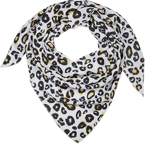 styleBREAKER Écharpe triangle en mousseline pour femmes avec motif léopard, léger et doux en coton, parfait pour le printemps et l'été, fabriqué en Italie, Blanc