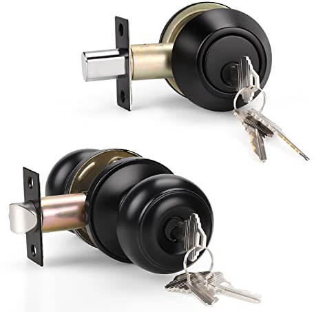 KNOBWELL 8 Pack Keyed Entry Door Knob and Single Cylinder Deadbolt Combo Set, Matte Black Exterior Door Knobs with Lock and Key for Entrance and Front Door, Keyed Alike Round Door Knob and Deadbolt