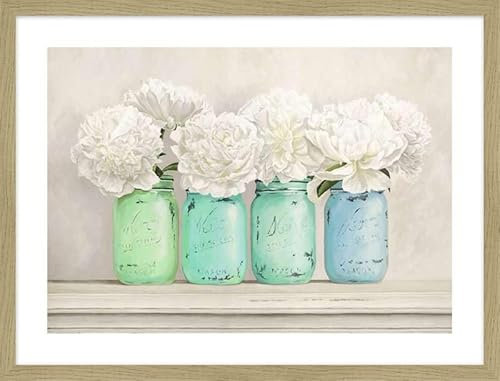 ART PRINT CAFE' – Quadro shabby – stampa con cornice rovere: Jenny Thomlinson, Peonie in barattoli di vetro