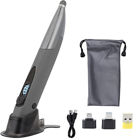 Cyrank Souris Stylo, Souris De Poche Optique sans Fil 2,4 G Souris Rechargeable Souris D'écriture Réglable avec Adaptateurs pour Ordinateur Portable Ordinateur Portable Souris D'ordinateur(Argent)
