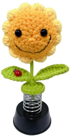 Handgefertigte gestrickte Sonnenblumen-Autozubehör, Sonnenblumen-Armaturenbrett-Dekorationen, gehäkelter Smiley-Sonnenblumen-Gadgets, Auto-Dekor für Frauen und Mädchen, Auto-Innenausstattung
