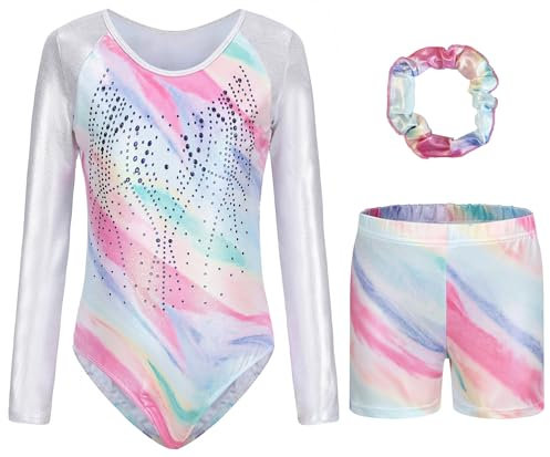 Panegy Gymnastiktrikåer för flickor, gnistrande gymnastik-bodysuit med shorts och pannband, set, outfit för sport, balett, dans, trikåer, 12