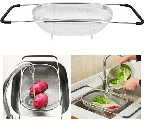Rostfreier Stahl Spülbecken Sieb waschbecken sieb aus Edelstahl,zum Spülen und Abtropfen über der Spüle,ausziehbares Ovalsieb zum Abseihen,Abtropfen und Waschen von Obst und Gemüse