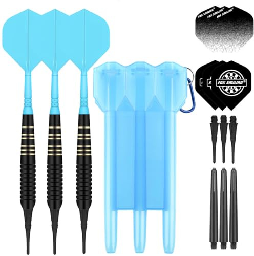 FOX SMILING Freccette con punta in plastica, 3 pezzi, 22 g, con alette 2 in 1, con aste e tasca per dardi, 6 voli, 6 onde PC, 50 punte in plastica per bersaglio elettronico (blue)