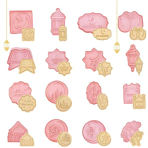 JLTXKST Eid Mubarak Cookie Cutters, Pack of 16 Eid Cookie Cutters, Islamic Ramadan 3D Cookie Cutters, for Children Biscuit Moulds, Baking Tools for Muslim Eid Party Decoration