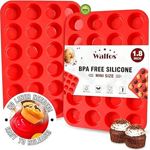 Walfos 2pcs Silicone Mini Muffin Pan - 24 Cups, BPA Free and Dishwasher Safe, Non-Stick Silicone Cupcake Baking Pan, Great for Making Muffin Cakes, Tart, Bread