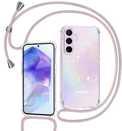 Tikgue Handykette für Samsung Galaxy A55 5G Hülle mit Band, Handyhülle mit Kordel zum Umhängen Schutzhülle mit Kette Glitzer Transparent Weich TPU Silikon Bumper - Roségold