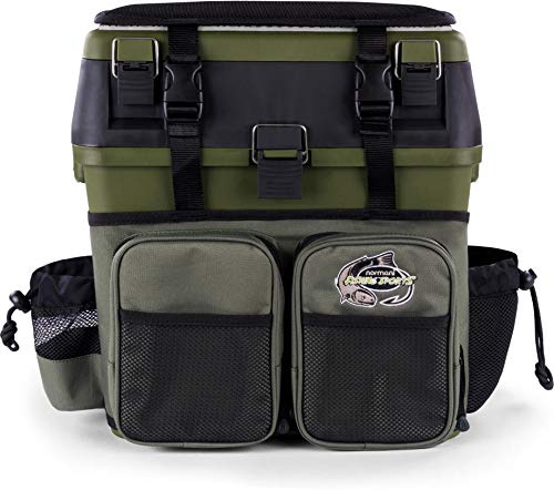Angelkoffer Angelbox Angeltasche gepolsterte Sitzkiepe Sitzfunktion Gerätekasten mit Rucksackfunktion und aufgesetzten Taschen - inklusive 4 Tackle-Boxen für Angelzubehör Dunkelgrün Einheitsgröße