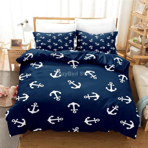 Rodths Bettwäsche 155x220 Marine Anker Ozean Meer Bettbezug 155 x 220 2er Set, Weiche Microfaser Sommerbettwäsche mit ReißVerschluss, 1 Kissenbezug 80x80 cm, Bügelfreie Wendebettwäsche